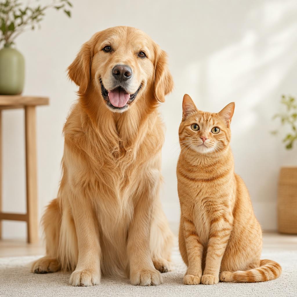 A golden retriever dog and an orange tabby cat sitting side by side